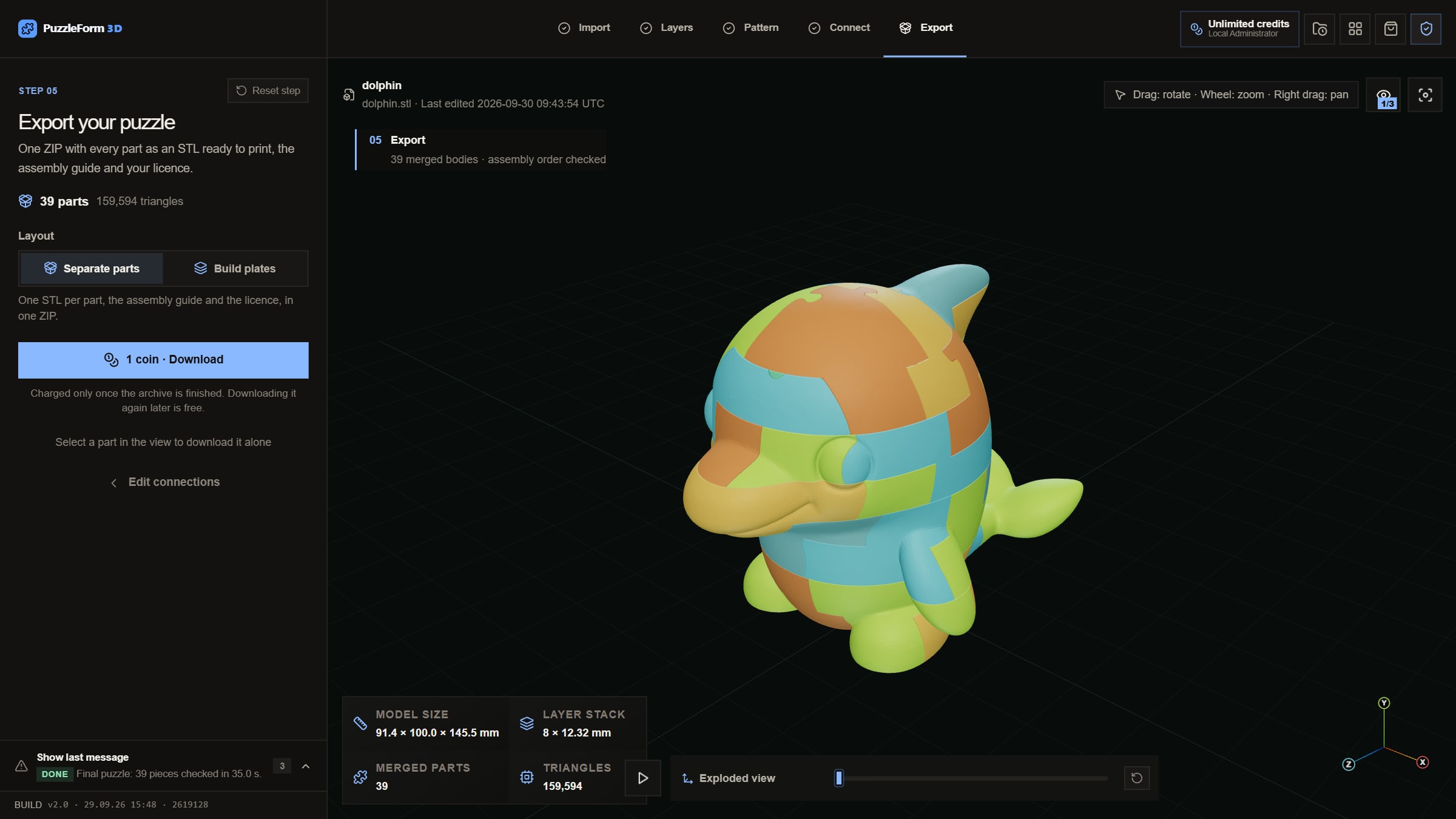 The editor at step 5, Export